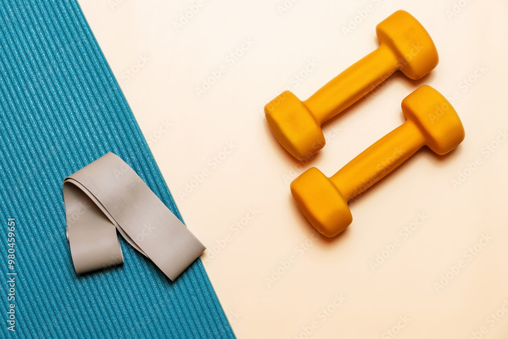 Pair of yellow dumbbells on a peach background. Yoga mat with a elastic band. The colors are minimalist and perfect for a fitness or exercise theme Pair of yellow dumbbells on a peach background. Yoga mat with a elastic band. The colors are minimalist and perfect for a fitness or exercise theme