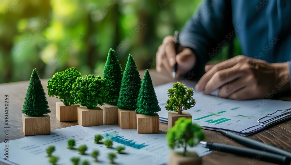 Miniature trees on desk with graphs and a clipboard. Miniature trees on desk with graphs and a clipboard.