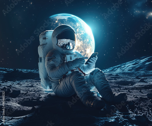 astronaut using smartphone on moon photo