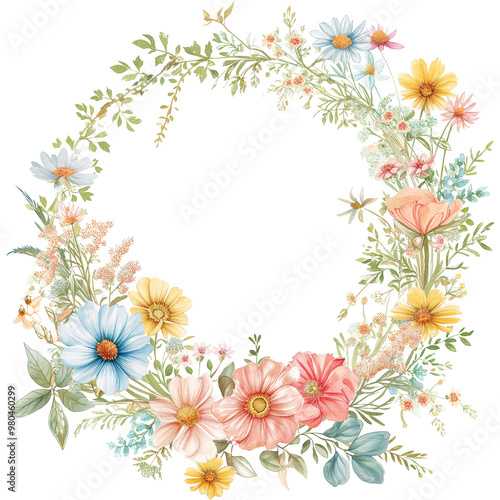 Watercolor Floral Wreath,circular wreath,watercolor wildflowers in pastel colors, perfect for festive and wedding designs,Transparent background