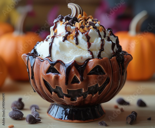 awesome premuim halloween pumkin shape ice cream sundae in gothic ceramic bowl photo