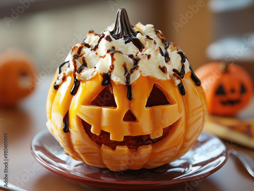 awesome premuim halloween pumkin shape ice cream sundae photo