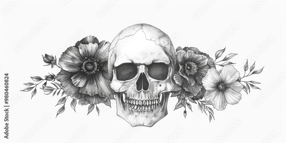 Fototapeta premium Skull adorned with flowers and vines for a creative coloring page experience