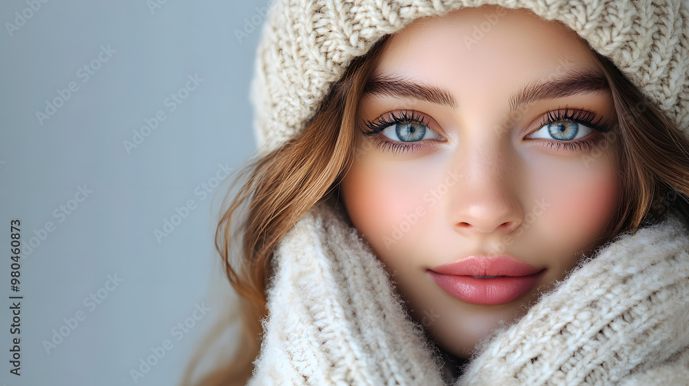 portrait of a beautiful young woman wearing a warm knitted hat, concept of cosmetics to protect skin in winter portrait of a beautiful young woman wearing a warm knitted hat, concept of cosmetics to protect skin in winter