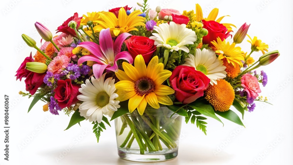 Vibrant colorful bouquet of fresh mixed flowers including roses, daisies, and lilies arranged beautifully in a clear glass vase on a white background. Vibrant colorful bouquet of fresh mixed flowers including roses, daisies, and lilies arranged beautifully in a clear glass vase on a white background.