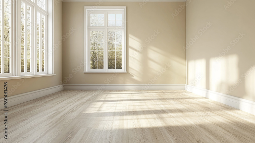 Obraz premium Empty wooden wall room interior with window, Modern bright interiors 3D rendering illustration.
