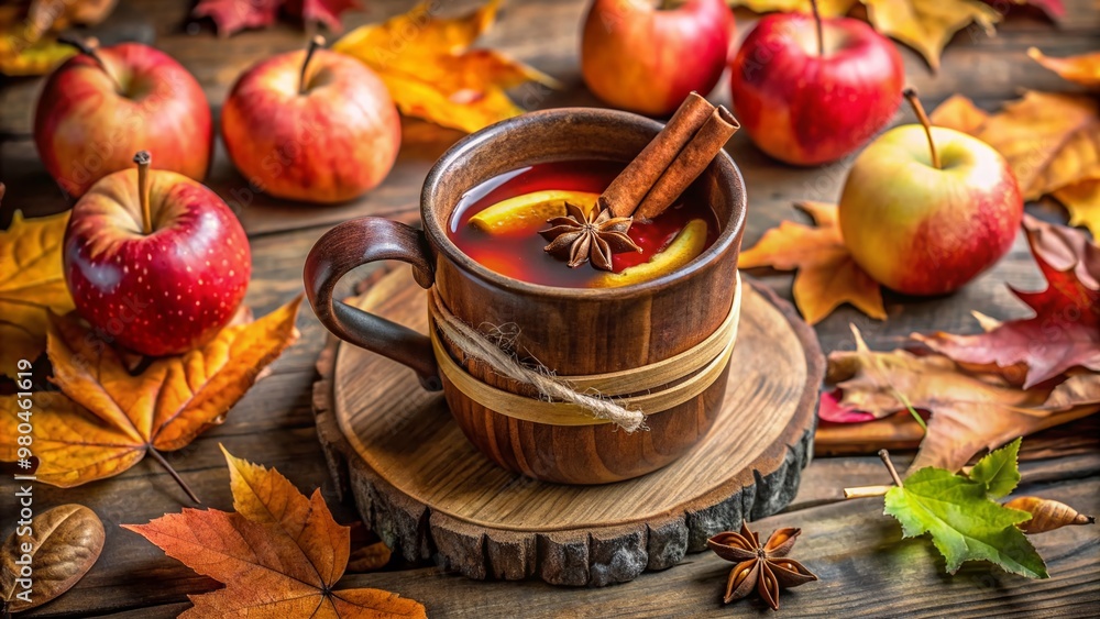 Aromatic amber liquid fills a rustic wooden mug surrounded by fresh autumn leaves, cinnamon sticks, and sliced apples, evoking warm seasonal comfort. Aromatic amber liquid fills a rustic wooden mug surrounded by fresh autumn leaves, cinnamon sticks, and sliced apples, evoking warm seasonal comfort.