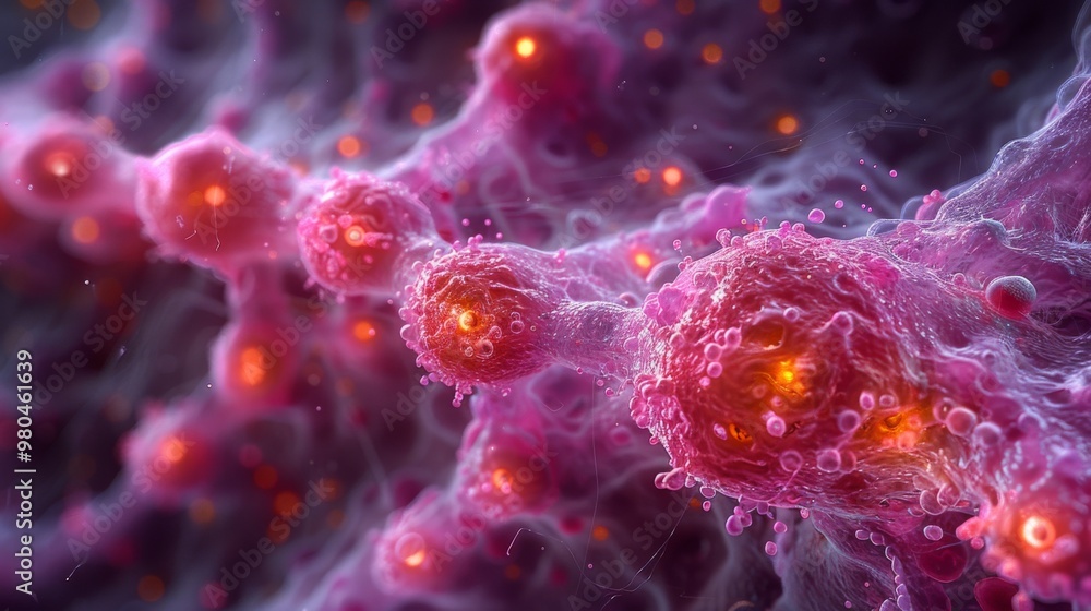 An immunohistochemistry image depicting the expression of surfactant protein D SP-D in alveolar epithelial cells, important for reducing An immunohistochemistry image depicting the expression of surfactant protein D SP-D in alveolar epithelial cells, important for reducing
