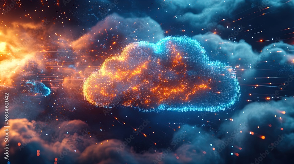 Futuristic Cloud Icon: A Stunning Bright Blue and Orange Design with Digital Rain - Perfect for Sporty Interior Posters or Digital Art Decor! Futuristic Cloud Icon: A Stunning Bright Blue and Orange Design with Digital Rain - Perfect for Sporty Interior Posters or Digital Art Decor!