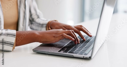 Canvas Print Woman, hands and laptop for article in office, professional journalist and typing column at desk