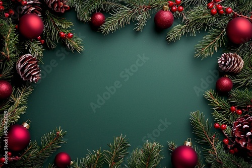 Weihnachtlicher Hintergrund mit Tannenzweigen und Christbaumkugeln auf grünem Untergrund 