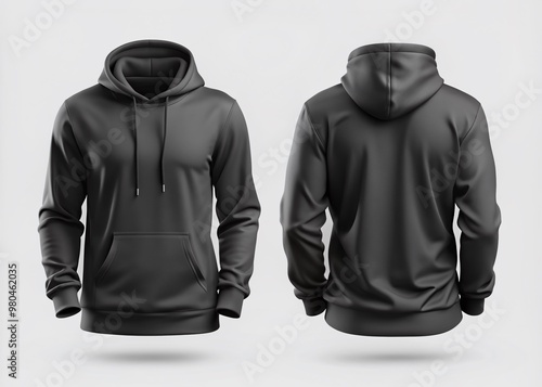 Front and back view of a black hoodie mockup for design print photo