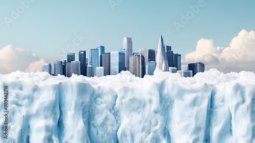 Melting glacier with a corporate city skyline in the background, visualizing climate change impact from industrial growth. photo