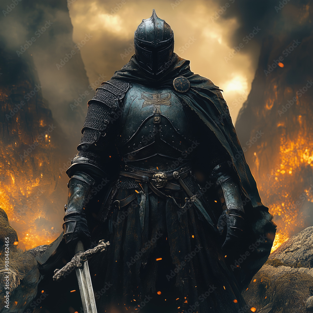 Naklejka premium Medieval knight standing with sword in burning battlefield