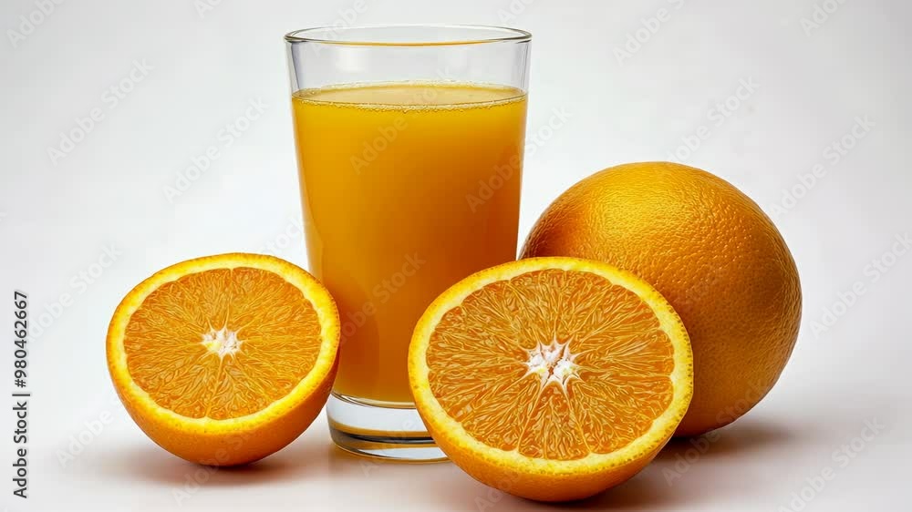 Freshly squeezed orange juice served in a glass with whole and halved oranges on a table in a bright kitchen setting Freshly squeezed orange juice served in a glass with whole and halved oranges on a table in a bright kitchen setting