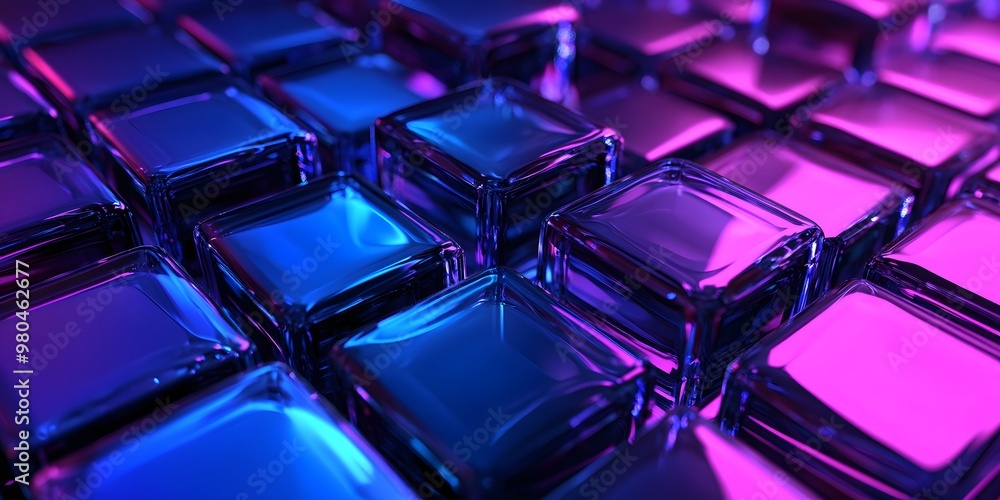 3D render, an abstract geometric background with neon cubs blue and purple lights shining on the wall blocks 3D render, an abstract geometric background with neon cubs blue and purple lights shining on the wall blocks