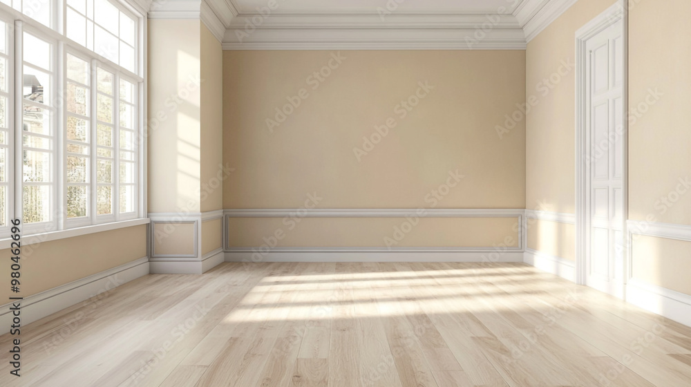 Empty room interior design, open space with big panoramic window, interior of new apartment, empty living room, tiled floor. Empty room interior design, open space with big panoramic window, interior of new apartment, empty living room, tiled floor.