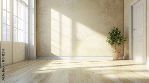 Example of an empty room with wooden floor and window on the side, White wooden door with shabby surface placed in old empty room at daytime.