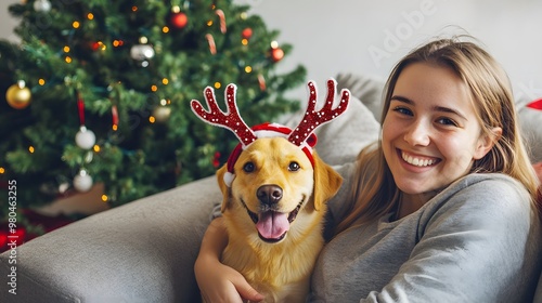 Happy Young Woman Celebrating Christmas with Small Yellow Dog, Both Wearing Festive Antlers, Sitting Together on Sofa by Christmas Tree in Cozy Home Setting photo