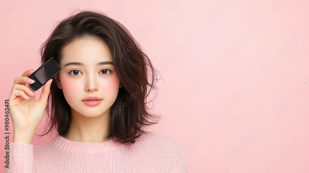 A young woman poses against a pink background, showcasing her beauty and charm while holding a small smartphone. A young woman poses against a pink background, showcasing her beauty and charm while holding a small smartphone.