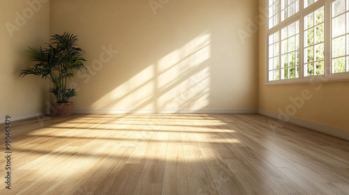 Example of an empty room with wooden floor and window on the side, White wooden door with shabby surface placed in old empty room at daytime.