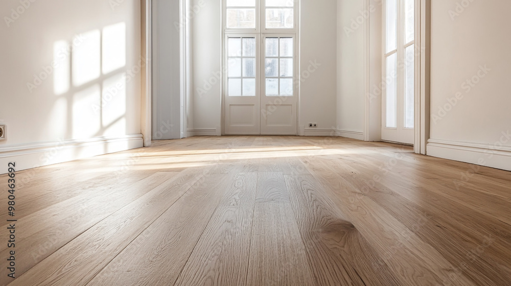Example of an empty room with wooden floor and window on the side, White wooden door with shabby surface placed in old empty room at daytime. Example of an empty room with wooden floor and window on the side, White wooden door with shabby surface placed in old empty room at daytime.