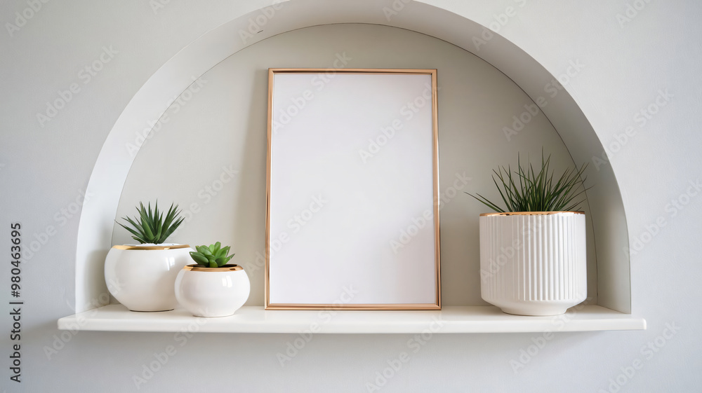 Fototapeta premium Gold frame, white, empty on shelf, with cactus, white wall background, curved shape, mockup