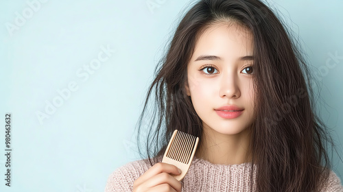 A young woman with long hair holds a hairbrush against a pastel blue wall, exuding beauty and confidence. photo