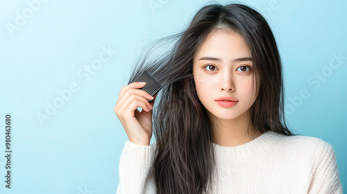 A young woman with long hair poses against a pastel blue background, gently holding a section of her hair with a soft expression.