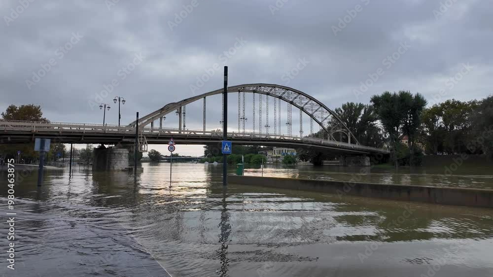 Floods on the river Rába in Győr Hungary in September 2024 - high water levels Floods on the river Rába in Győr Hungary in September 2024 - high water levels