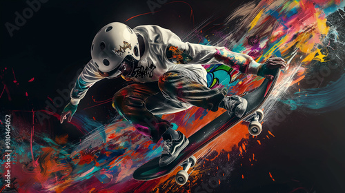 An epic artwork depicting a full body figure doing a nice skateboard kickflip.