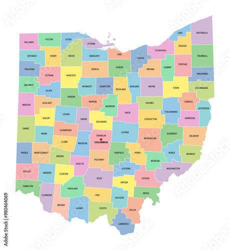 Ohio, U.S. state, subdivided into 88 counties, multi colored political map with capital Columbus, borders and county names. State in the Midwestern region of USA. Buckeye State, and Heart Of It All.