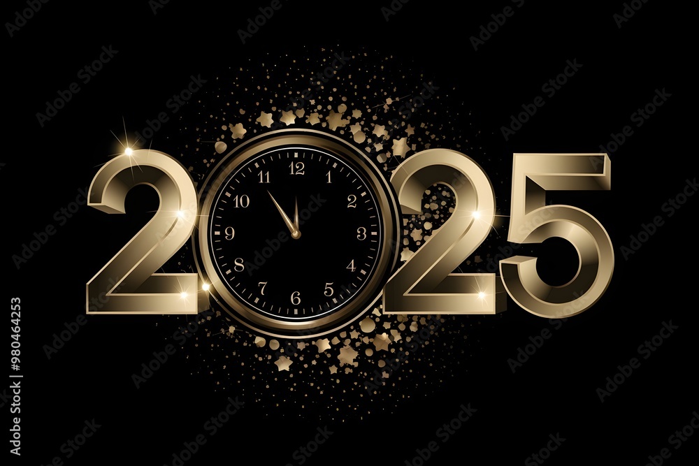 Fototapeta premium Happy new year 2025 number in bold, golden 3D lettering, with a gold clock, A burst of golden stars, symbolizing celebration and new beginnings, black background.