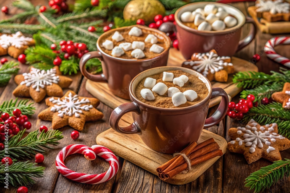 Freshly baked Christmas cookies surrounded by steaming mugs of rich hot cocoa topped with fluffy marshmallows and decorated with candy canes and holly sprigs. Freshly baked Christmas cookies surrounded by steaming mugs of rich hot cocoa topped with fluffy marshmallows and decorated with candy canes and holly sprigs.