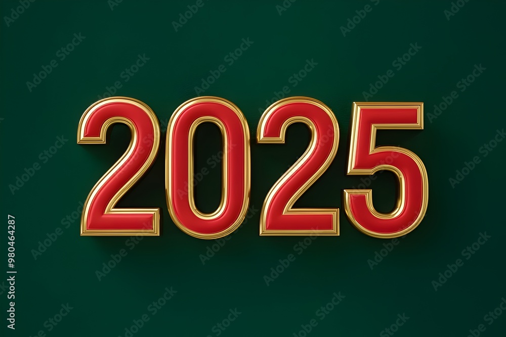 Happy New Year 2025, bold 3D lettering with a red interior and gold outline. over a deep green background. perfect for poster, banner and card design Happy New Year 2025, bold 3D lettering with a red interior and gold outline. over a deep green background. perfect for poster, banner and card design