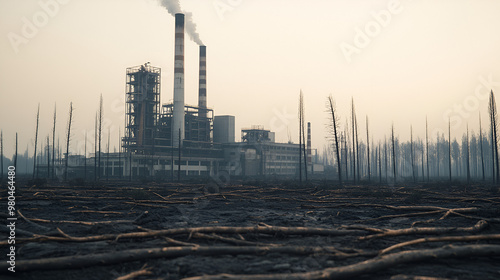 A factory surrounded by dead trees and polluted air, visualizing the industrial impact on nature.