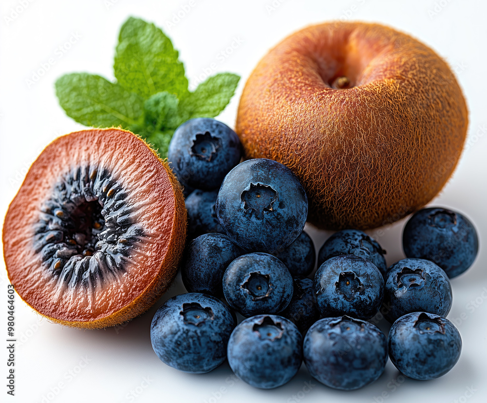 Ripe red kiwi and blueberries creating delicious composition on white background Ripe red kiwi and blueberries creating delicious composition on white background
