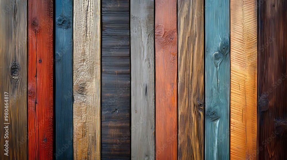 A Rustic Wall of Vertical Wooden Planks Painted in Various Colors A Rustic Wall of Vertical Wooden Planks Painted in Various Colors