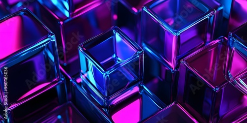 3D render, an abstract geometric background with neon cubs blue and purple lights shining on the wall blocks