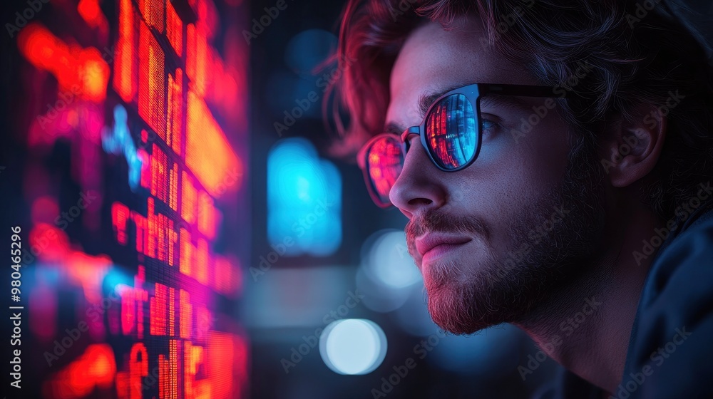 Man in sunglasses looking at glowing digital screen Man in sunglasses looking at glowing digital screen