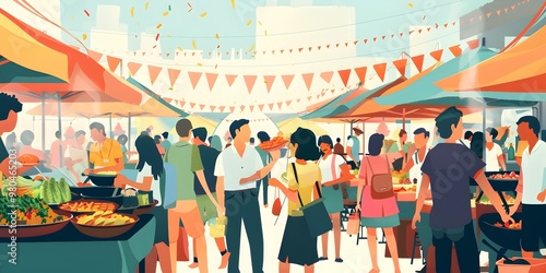 Fototapeta Naklejka Na Ścianę i Meble -  Vibrant Outdoor Food Fair with Artisanal Street Vendors Sizzling Woks and Aromatic Spices