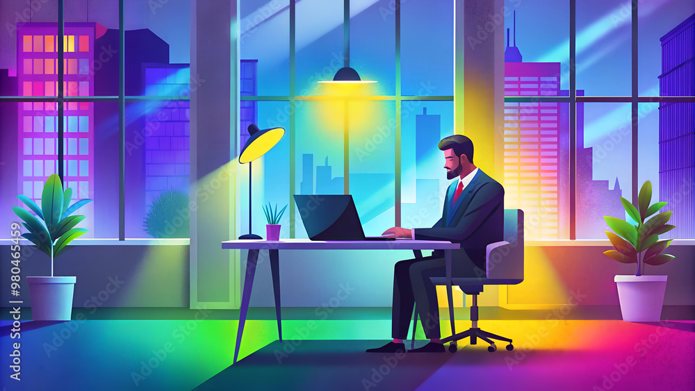 Business person man working in office, sitting at desk workplace, looking at laptop computer monitor, typing on keyboard. Furniture colorful office is illuminated by night artificial light. Flat style Business person man working in office, sitting at desk workplace, looking at laptop computer monitor, typing on keyboard. Furniture colorful office is illuminated by night artificial light. Flat style
