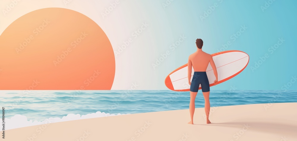 Man standing on a surfboard on the sand, simulating surfing moves, bright summer day by the ocean, fitness and outdoor activity, fun beach atmosphere Man standing on a surfboard on the sand, simulating surfing moves, bright summer day by the ocean, fitness and outdoor activity, fun beach atmosphere