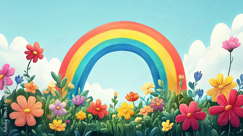 Colorful Rainbow Arcing Over a Field of Flowers Colorful Rainbow Arcing Over a Field of Flowers