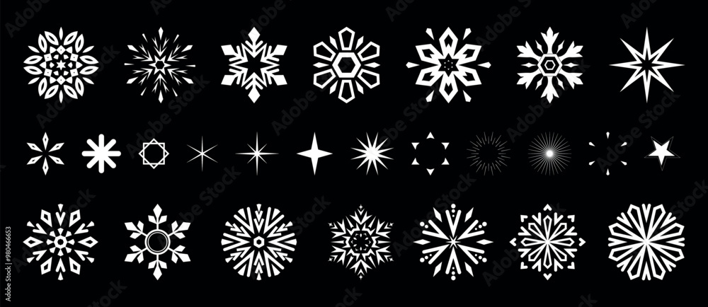 Snowflakes icon collection. Graphic modern black and white ornament, Snowflakes icon collection. Graphic modern black and white ornament,