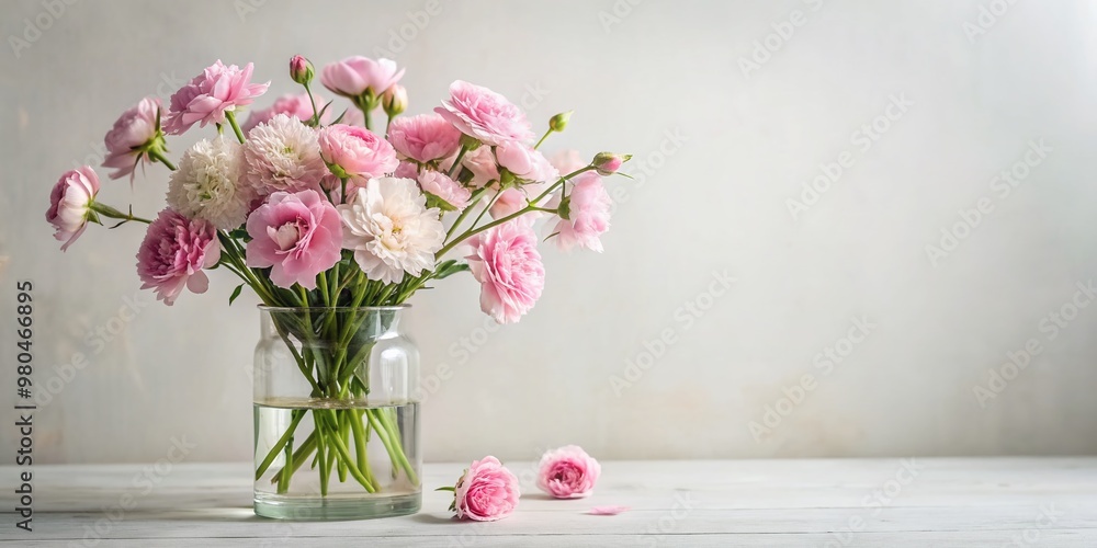 Delicate pink flowers bloom in a elegant clear glass vase, set against a pristine white background, showcasing simplicity and serenity in a beautiful still life arrangement. Delicate pink flowers bloom in a elegant clear glass vase, set against a pristine white background, showcasing simplicity and serenity in a beautiful still life arrangement.