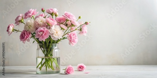 Delicate pink flowers bloom in a elegant clear glass vase, set against a pristine white background, showcasing simplicity and serenity in a beautiful still life arrangement.