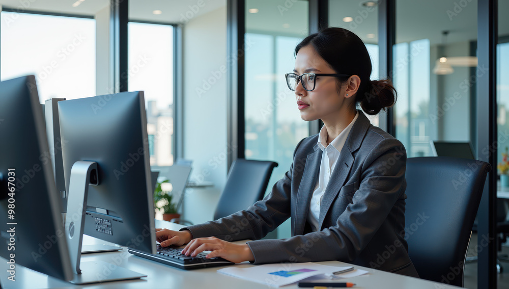 Businesswoman in modern office working on computer analyzing data Businesswoman in modern office working on computer analyzing data