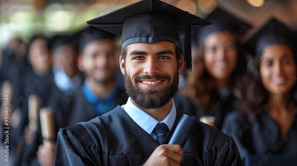 Fototapeta premium portrait of happy graduate student holding a diploma in front of group of fellow graduates, education and college degree concept