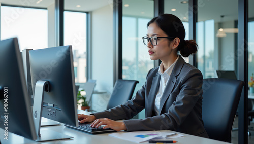 Businesswoman in modern office working on computer analyzing data